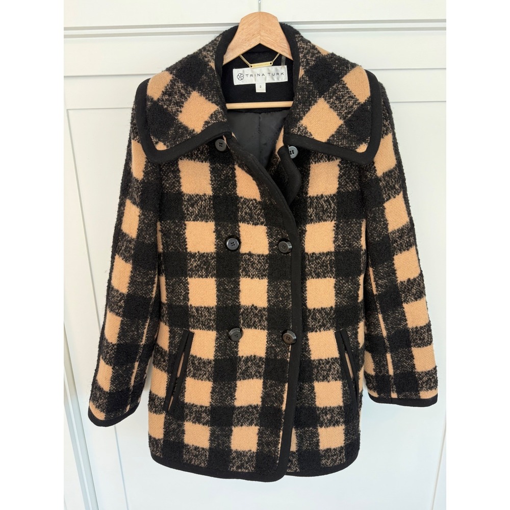 Trina Turk Buffalo Plaid Pea Coat Black Tan Double Breasted Size 2